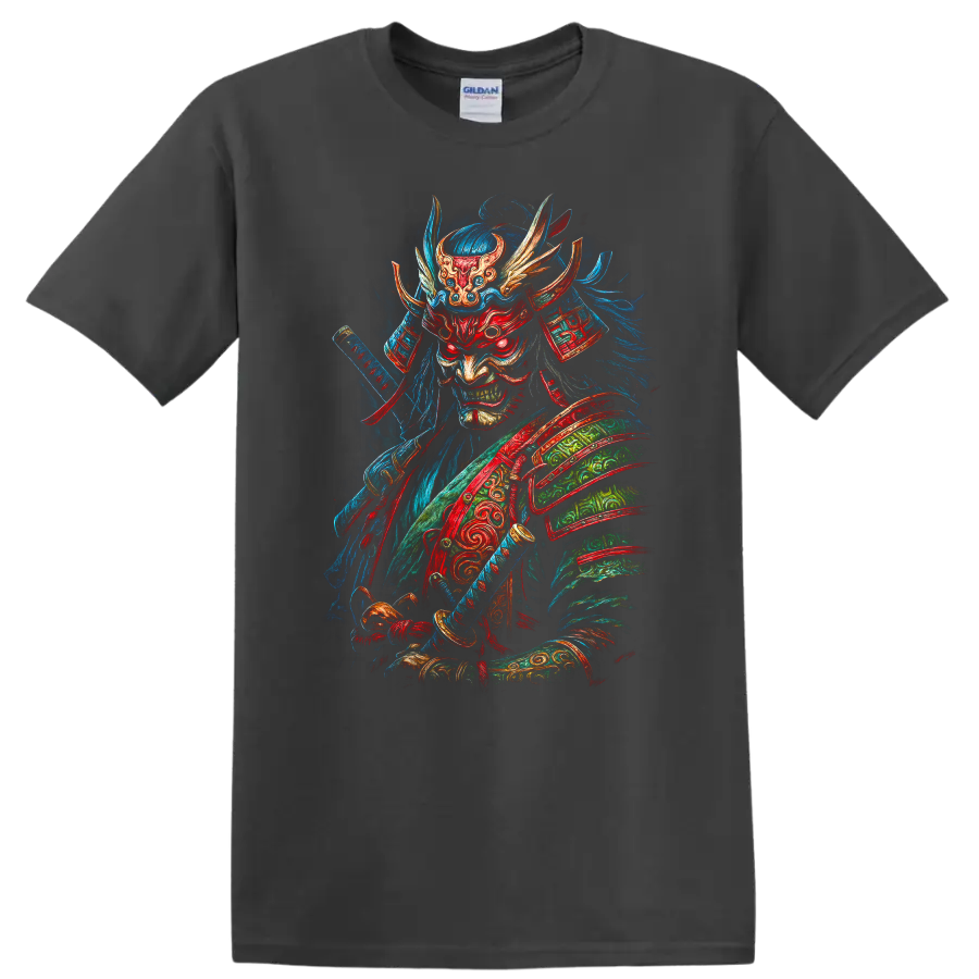 Japanese Samurai Demon Mask T Shirt Fierce Neon Warrior Art - Charcoal