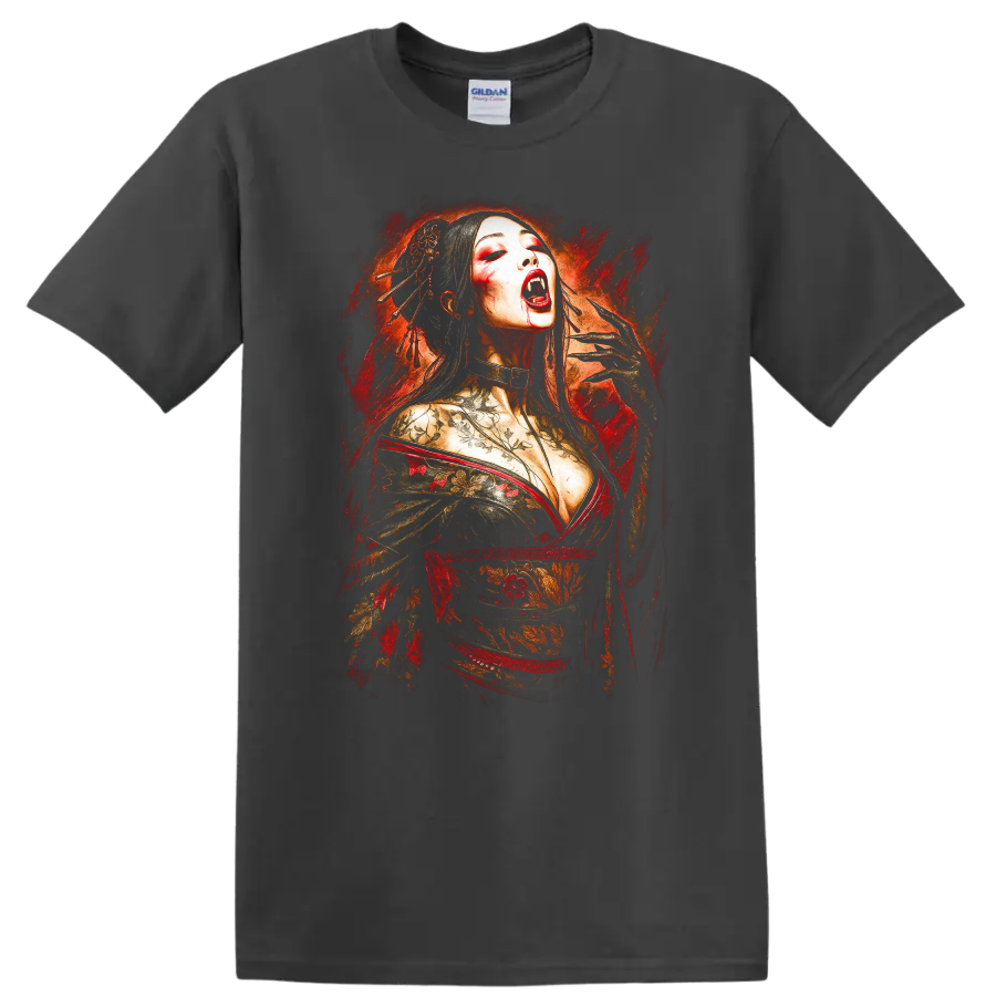 Japanese Geisha Vampire Art T Shirt Floral Horror Style - Charcoal