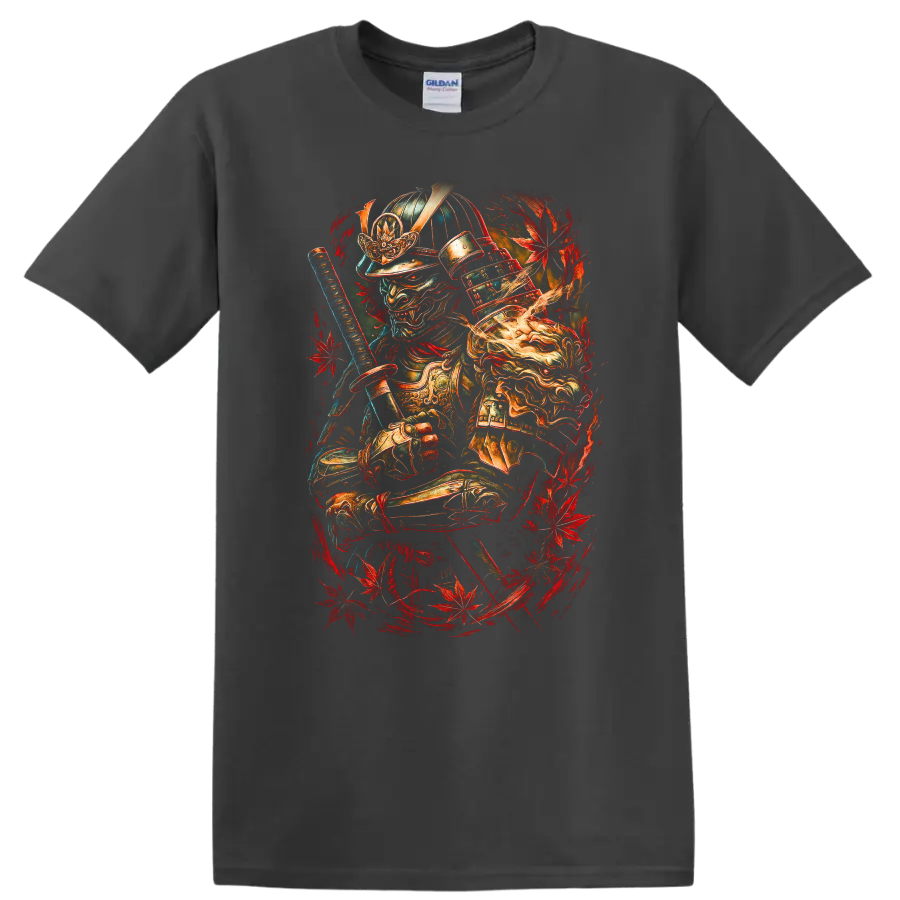 Japanese Samurai Warrior Mask T Shirt with Red Maple Leaves - Charcoal