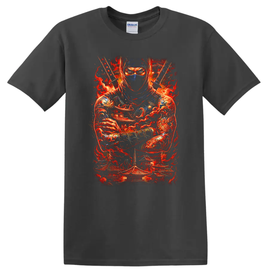 Japanese Ninja Samurai Warrior Fire Art T Shirt for Martial Arts Fans - Charcoal