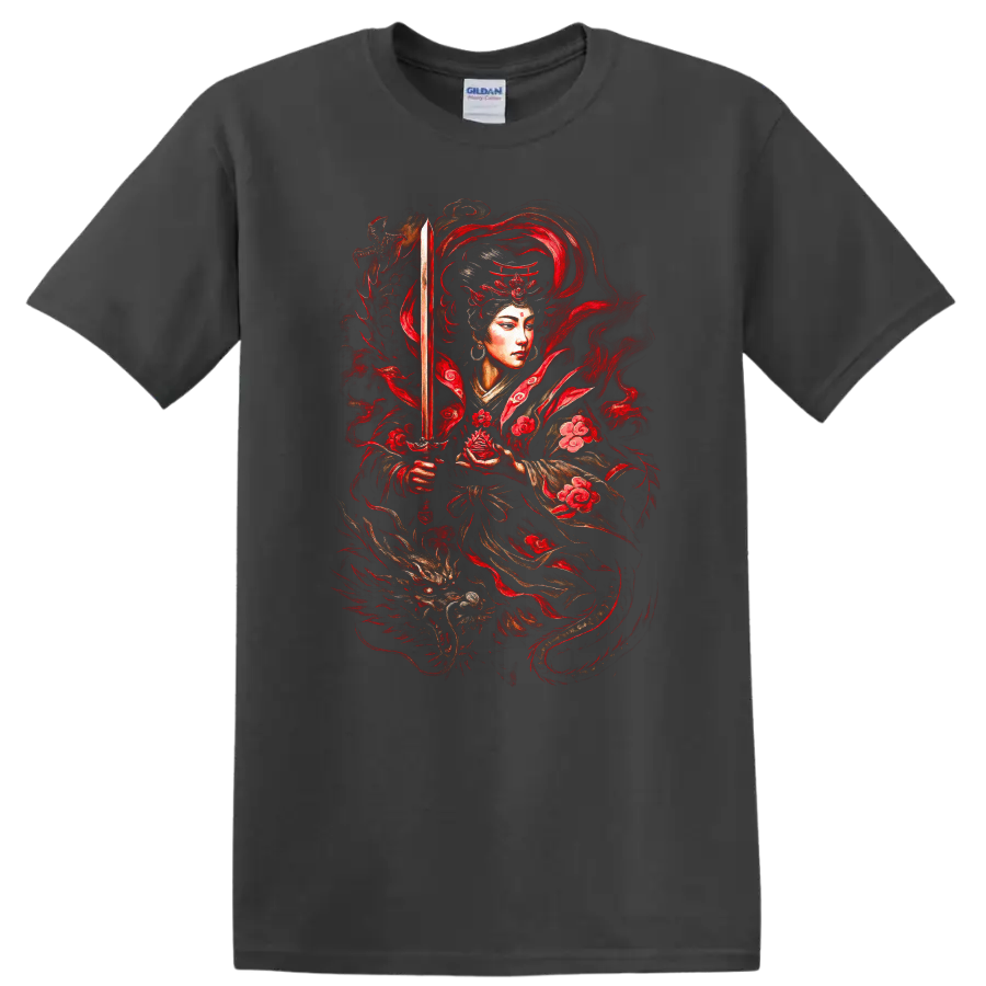 Japanese Warrior Katana Red Floral Samurai T Shirt - Charcoal