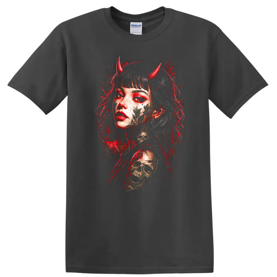 Japanese Style Demon Girl Skull Graphic T Shirt Red and Black - Charcoal