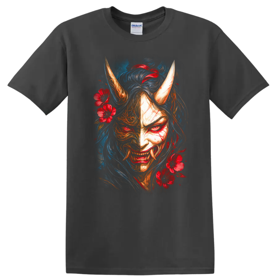 Japanese Oni Demon Mask Floral T Shirt for Fans of Dark Samurai Art - Charcoal
