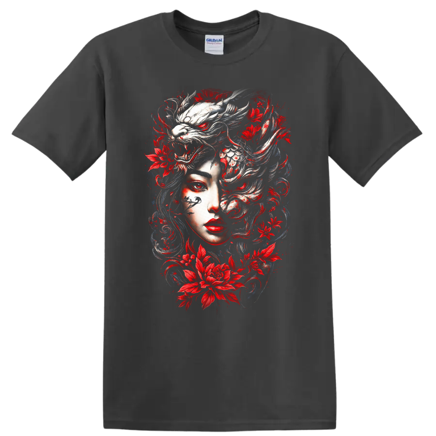 Japanese Style Oni Mask Floral Dragon T Shirt Red White Artwork - Charcoal