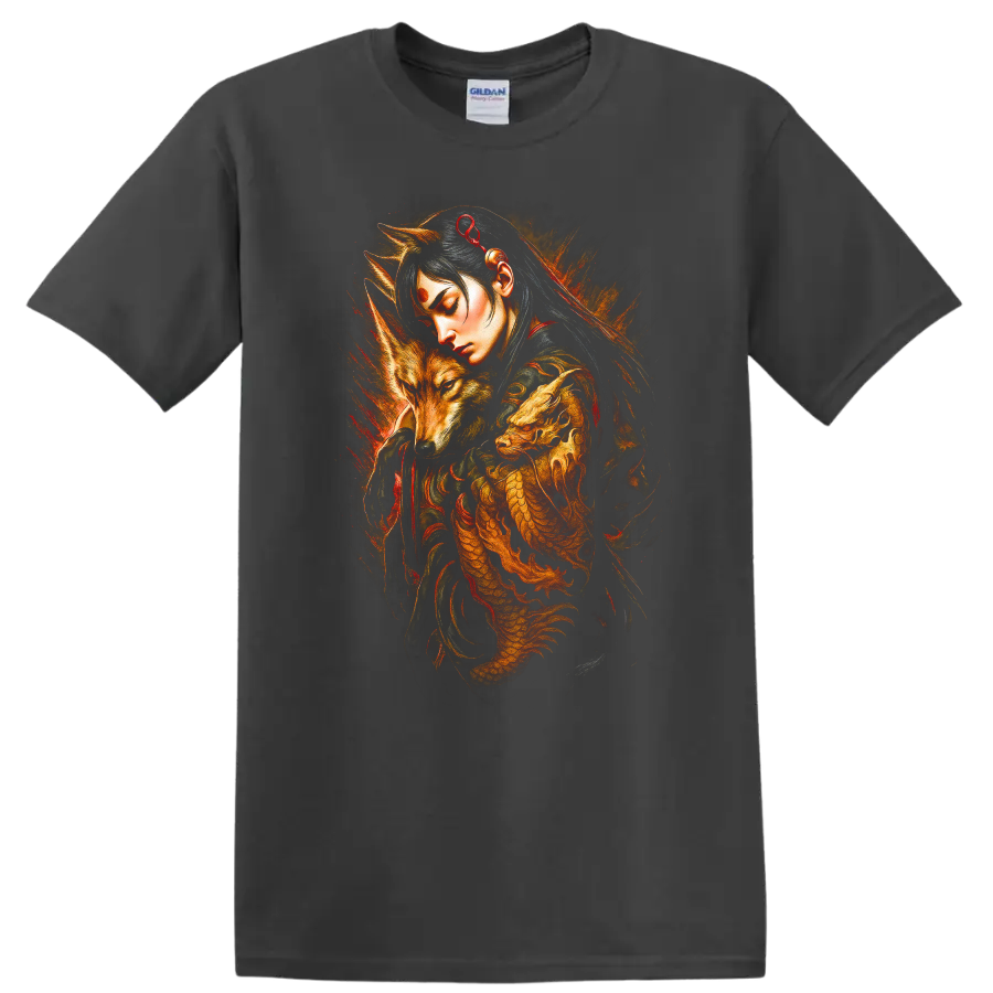 Japanese Style Fox Spirit Dragon T Shirt Mystical Warrior Art - Charcoal
