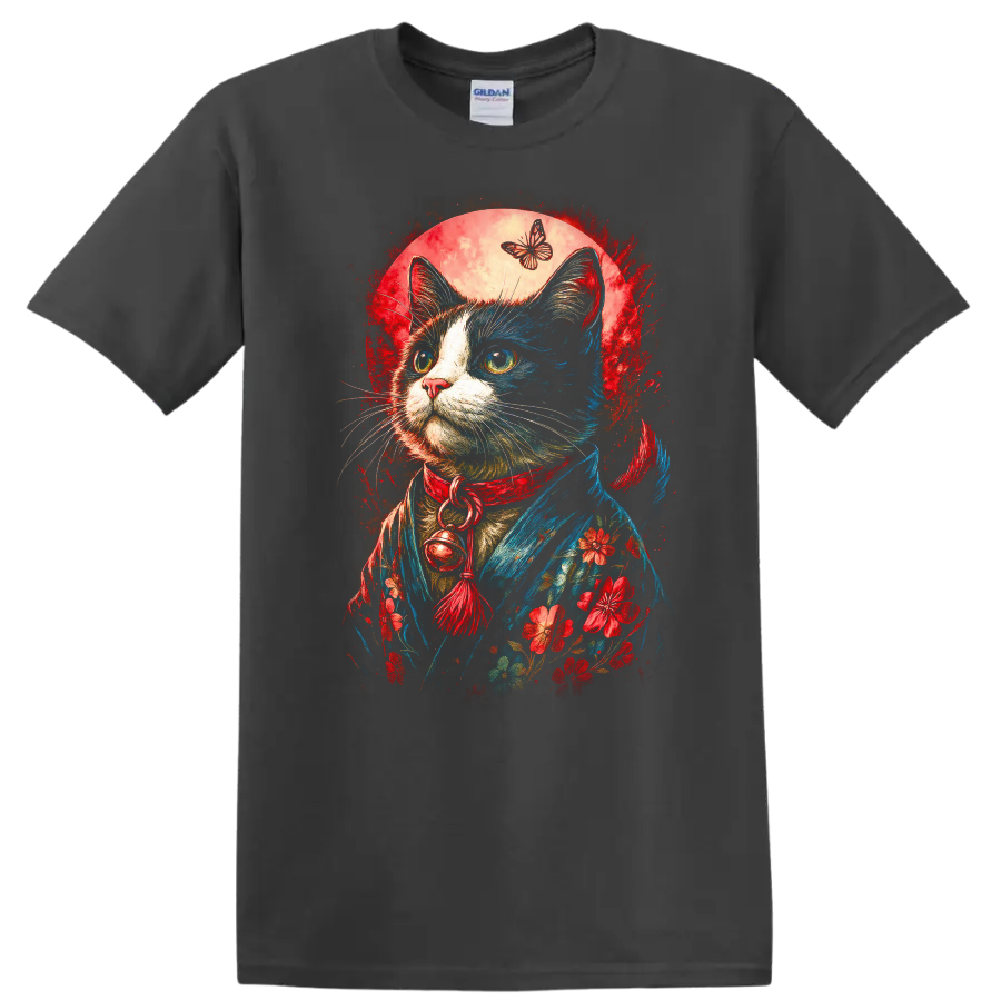Japanese Style Cat and Butterfly Floral Art T Shirt for Cat Lovers - Charcoal