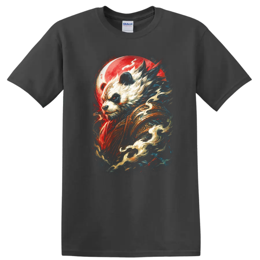 Japanese Style Panda Warrior Art T Shirt Bold Red Blue Mystic Design - Charcoal