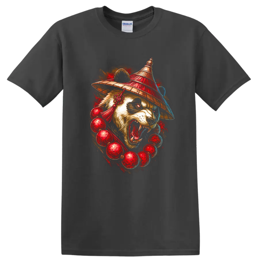 Japanese Panda Warrior Mask T Shirt with Fierce Red Art Graphic - Charcoal