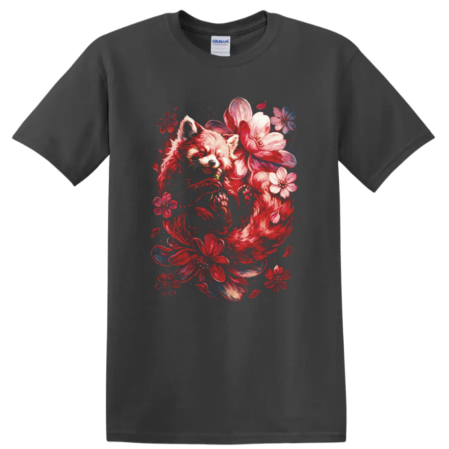 Japanese Style Red Fox Floral Art T Shirt for Nature Lovers - Charcoal