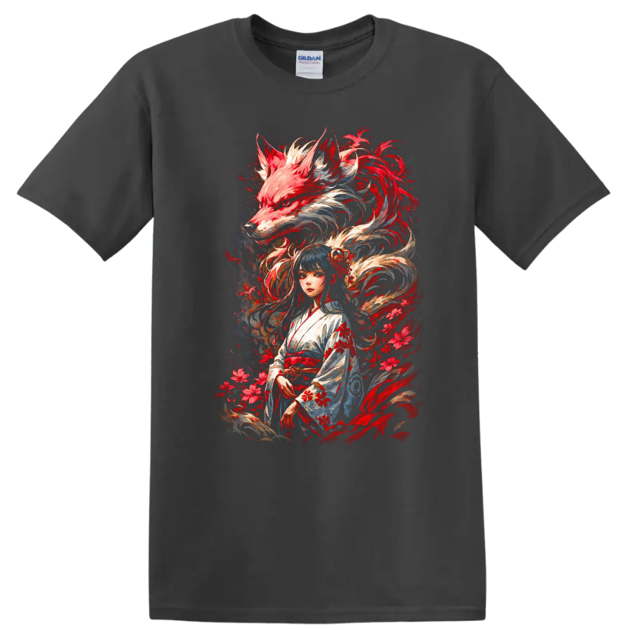 Japanese Style Kitsune Girl and Fox Spirit Anime T Shirt - Charcoal