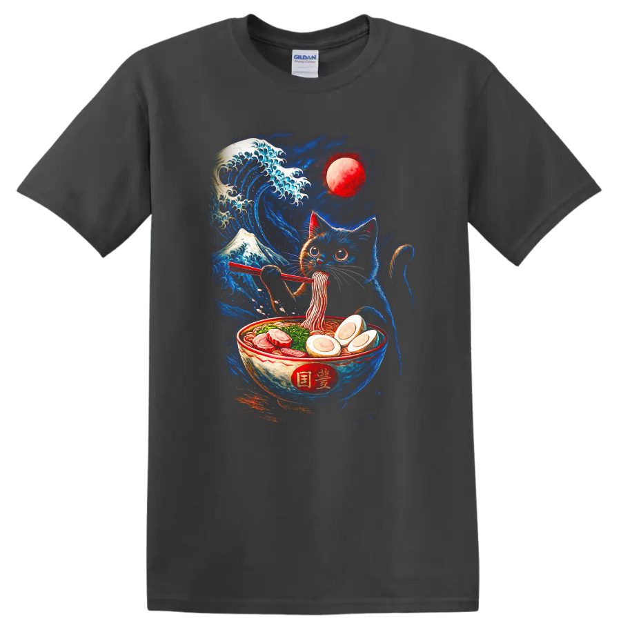 Japanese Cat Ramen Wave Moon T Shirt for Sushi and Anime Fans - Charcoal