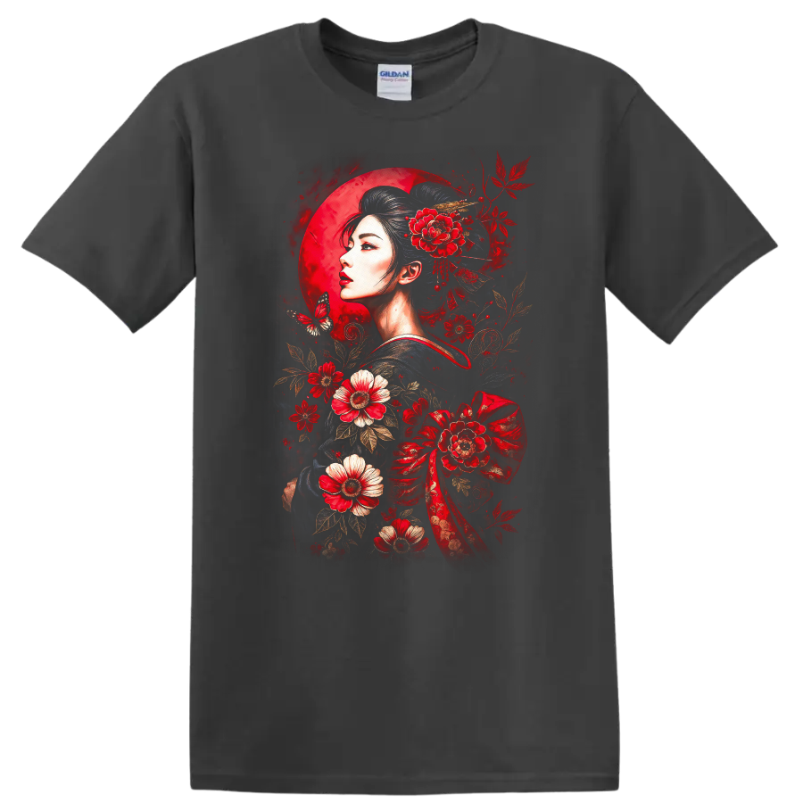 Japanese Style Geisha Floral Moon Art T Shirt for Women - Charcoal
