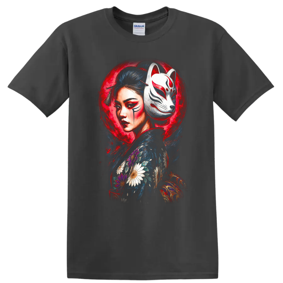 Japanese Style Geisha Fox Mask Floral Art T Shirt - Charcoal