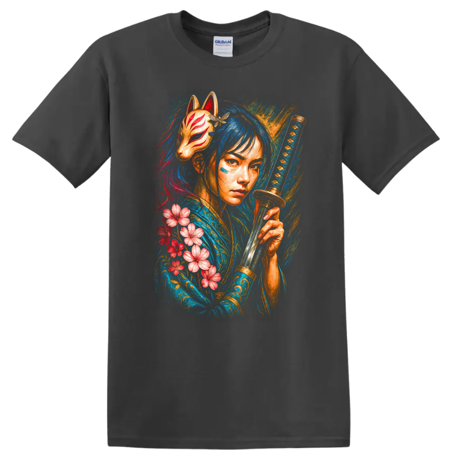 Japanese Style Samurai Girl with Fox Mask and Katana T Shirt - Charcoal