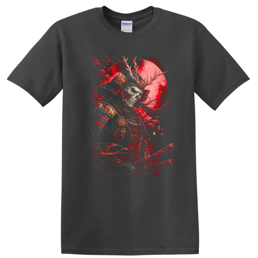 Japanese Samurai Warrior Skull Moon T Shirt Red Blue Art - Charcoal