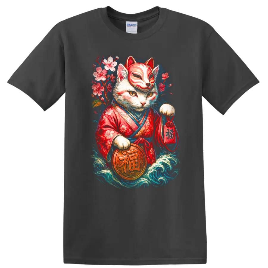 Japanese Maneki Neko Cat T Shirt with Floral Kimono Lucky Charm Art - Charcoal