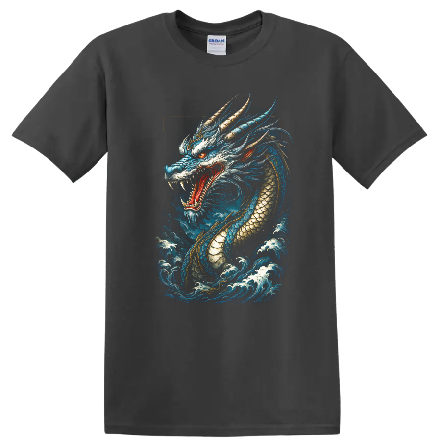 Japanese Style Blue Dragon T Shirt Fierce Mythical Wave Art - Charcoal