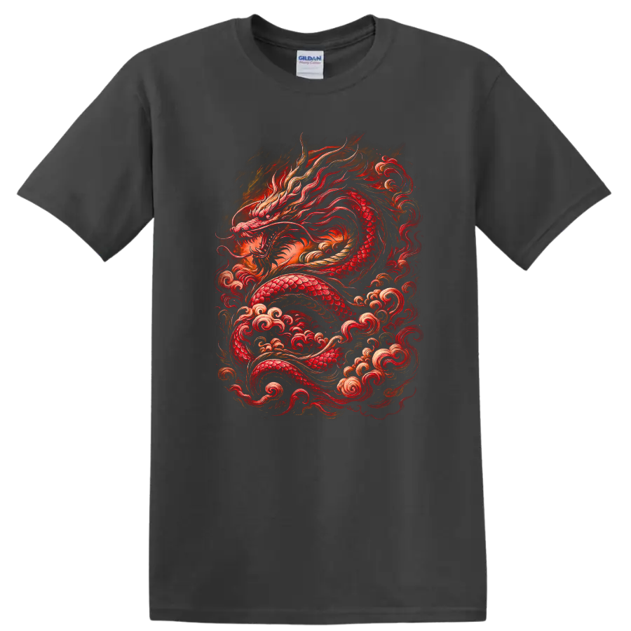 Japanese Red Dragon Fire Art T Shirt for Bold Streetwear Style - Charcoal