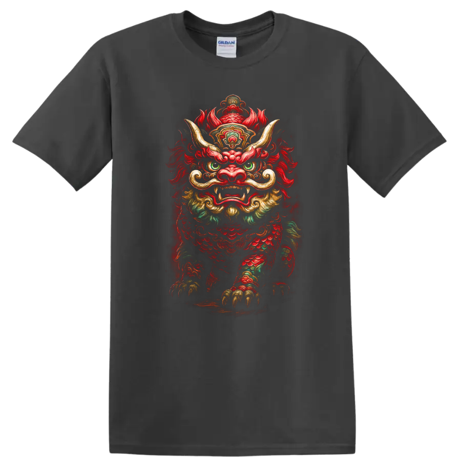 Japanese Foo Lion Dragon Mask T Shirt Colorful Mythic Creature Art - Charcoal