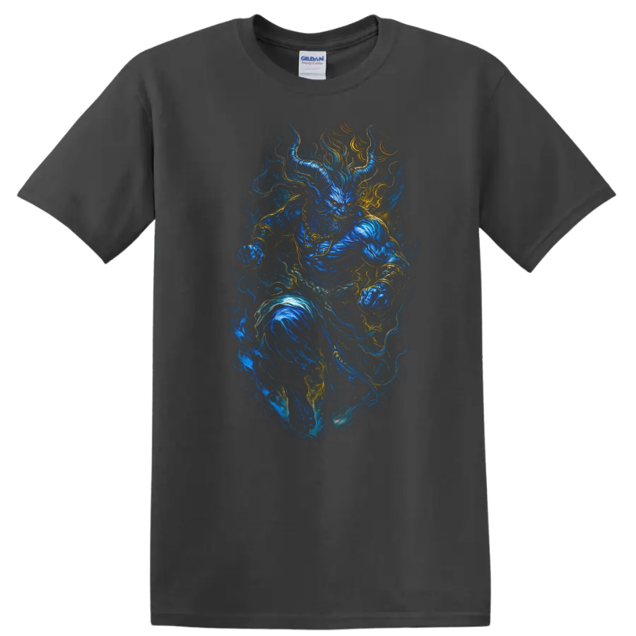 Japanese Style Blue Oni Demon Warrior T Shirt Mystical Flame Art - Charcoal