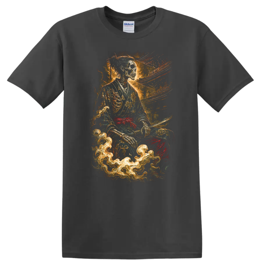 Japanese Style Skeleton Samurai T Shirt with Dark Floral Fire Art - Charcoal