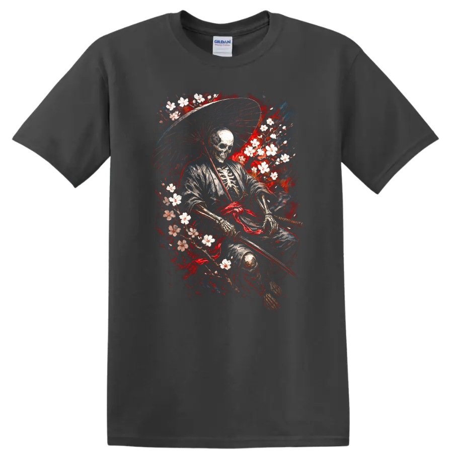 Japanese Skeleton Samurai Warrior T Shirt, Vintage Ink Style - Charcoal