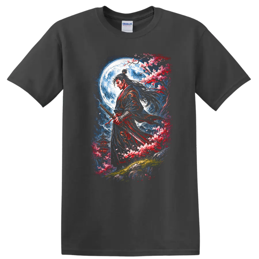 Japanese Samurai Moon Blossom Warrior T Shirt, Elegant Sword Art - Charcoal