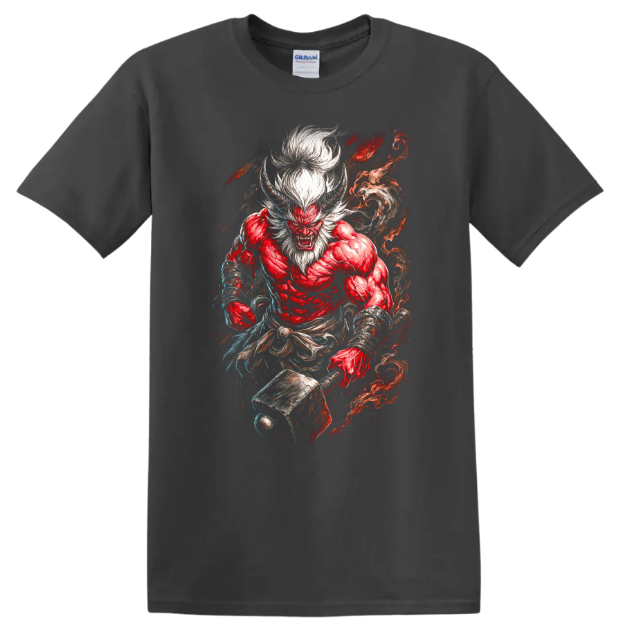 Japanese Demon Warrior T Shirt Red Oni Samurai Fire Art - Charcoal