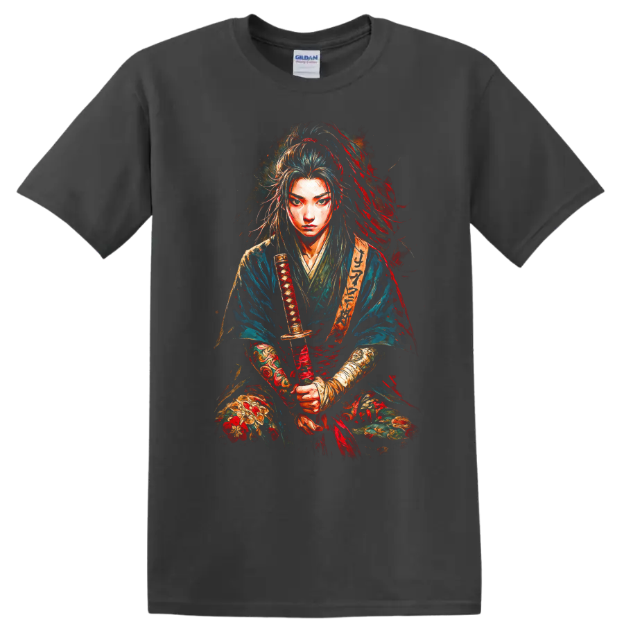Japanese Samurai Warrior Portrait T Shirt Colorful Brushstroke Art - Charcoal