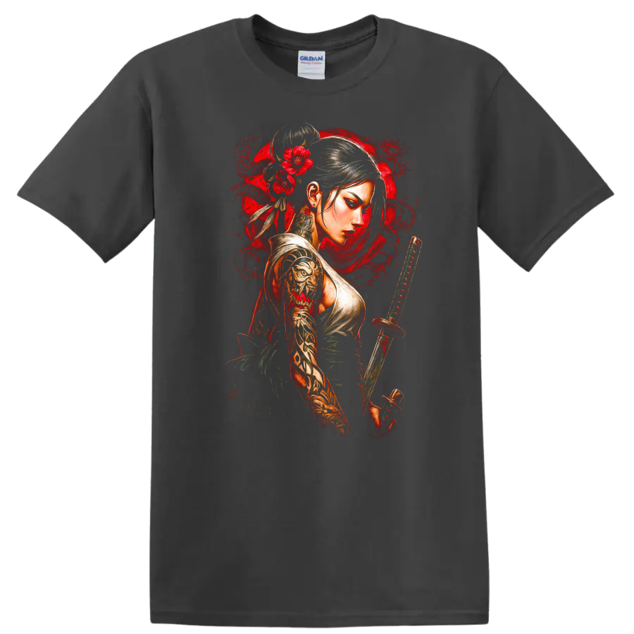 Japanese Warrior Woman Katana Floral Art T Shirt for Anime Style Fans - Charcoal