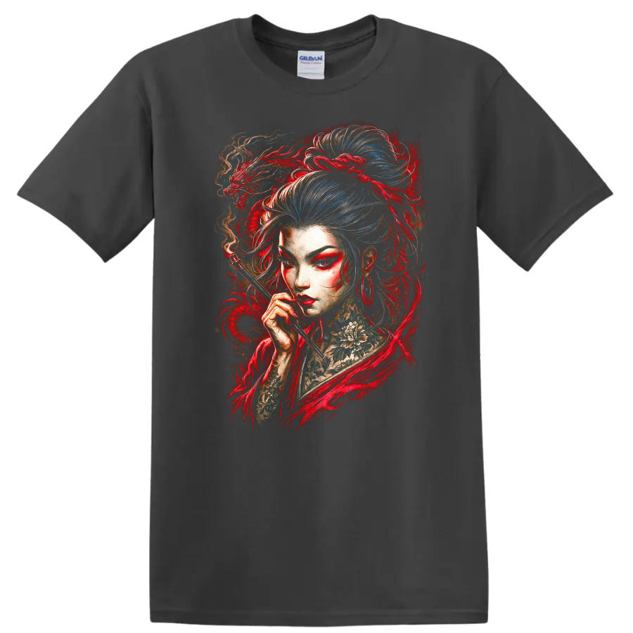 Japanese Style Geisha Dragon Art T Shirt Vibrant Red and Blue Portrait - Charcoal