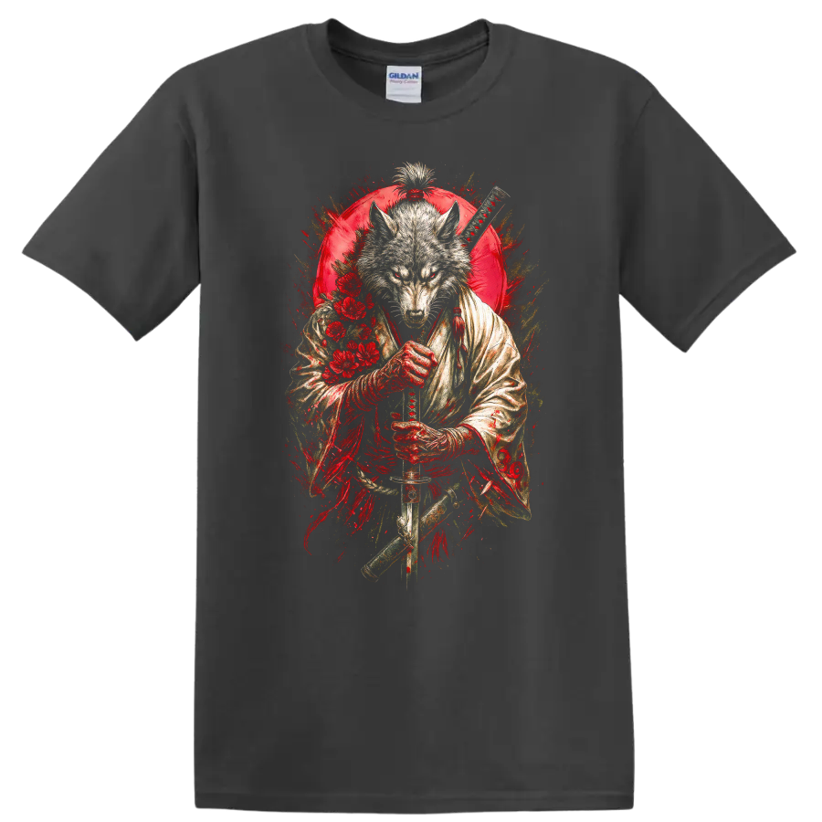 Japanese Wolf Samurai Sword Art Graphic T Shirt - Charcoal