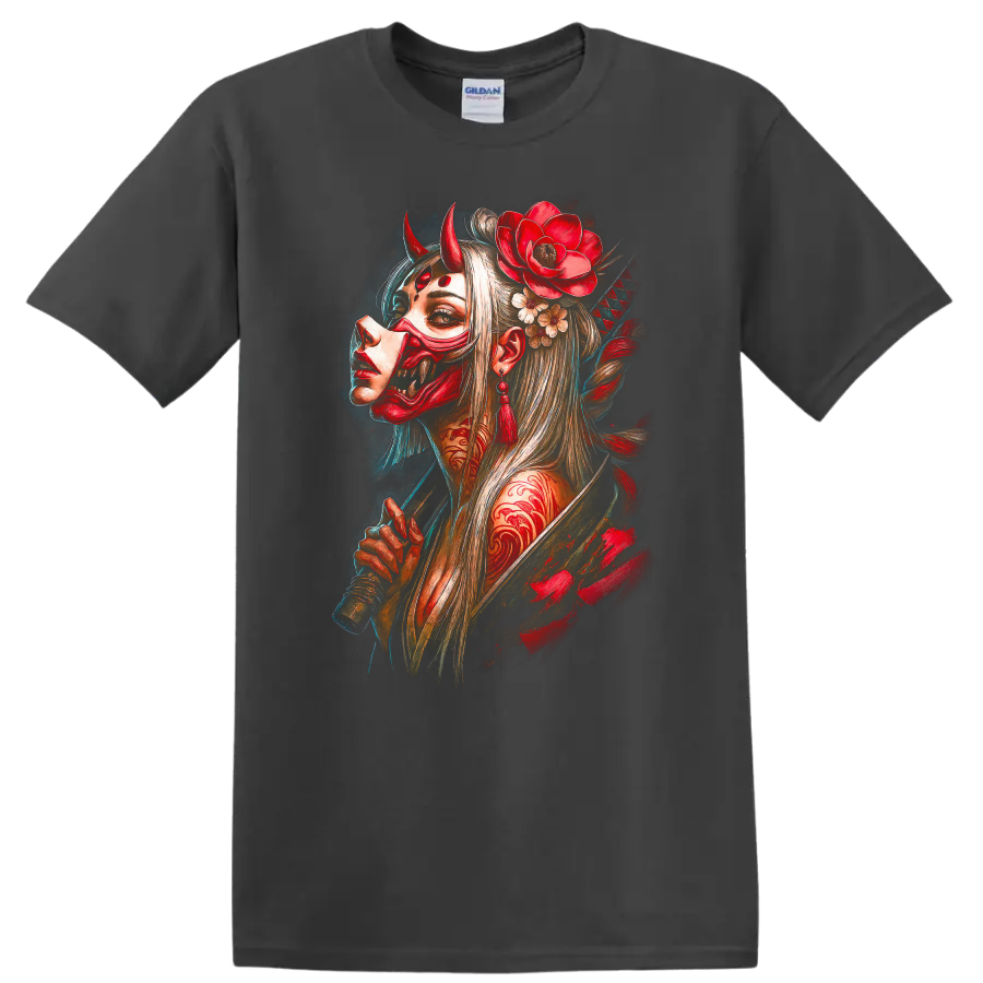 Japanese Oni Mask Woman Art T Shirt Red Demon Floral Samurai Style - Charcoal