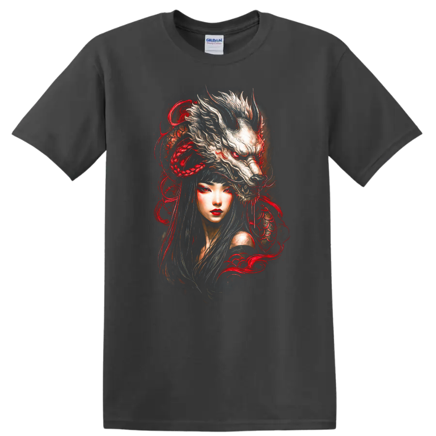 Japanese Style Oni Wolf Woman T Shirt Red Black Fantasy Art - Charcoal