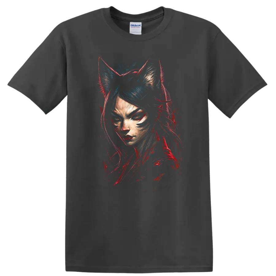Japanese Style Cat Girl Portrait Neon Red Blue T Shirt - Charcoal