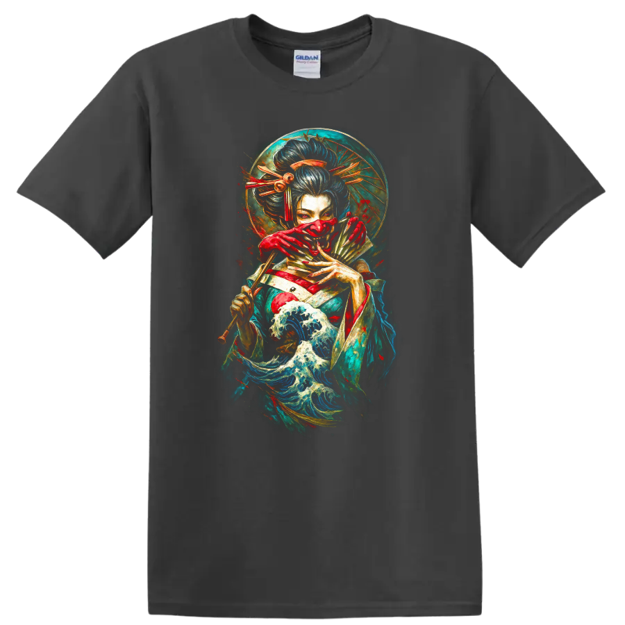 Japanese Geisha Waves T Shirt Vintage Samurai Art Design - Charcoal
