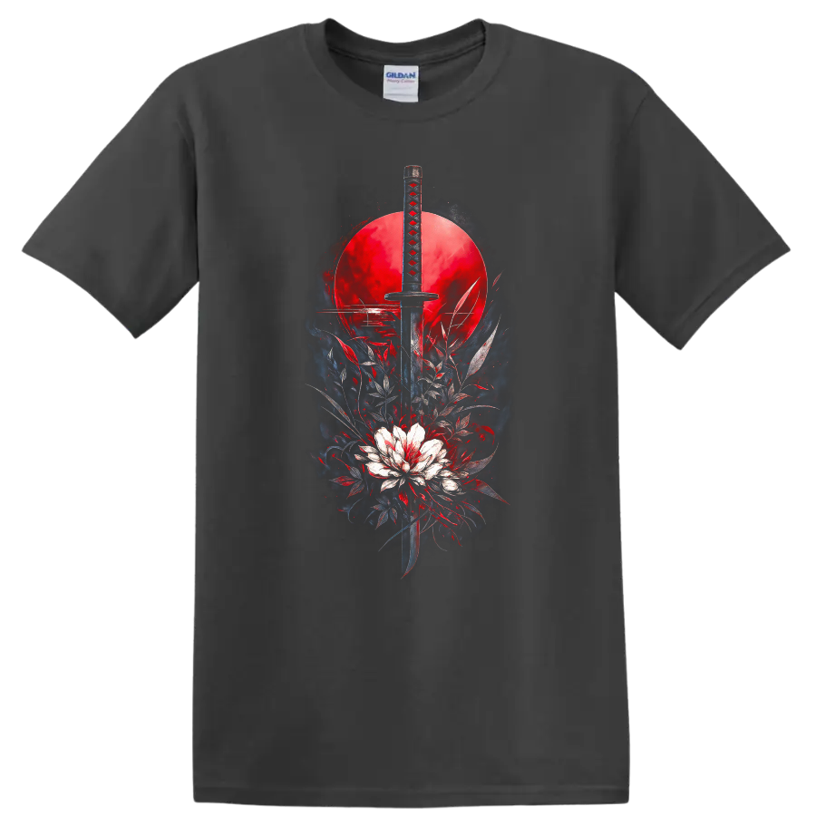 Japanese Style Katana Sword Red Sun Graphic T Shirt - Charcoal