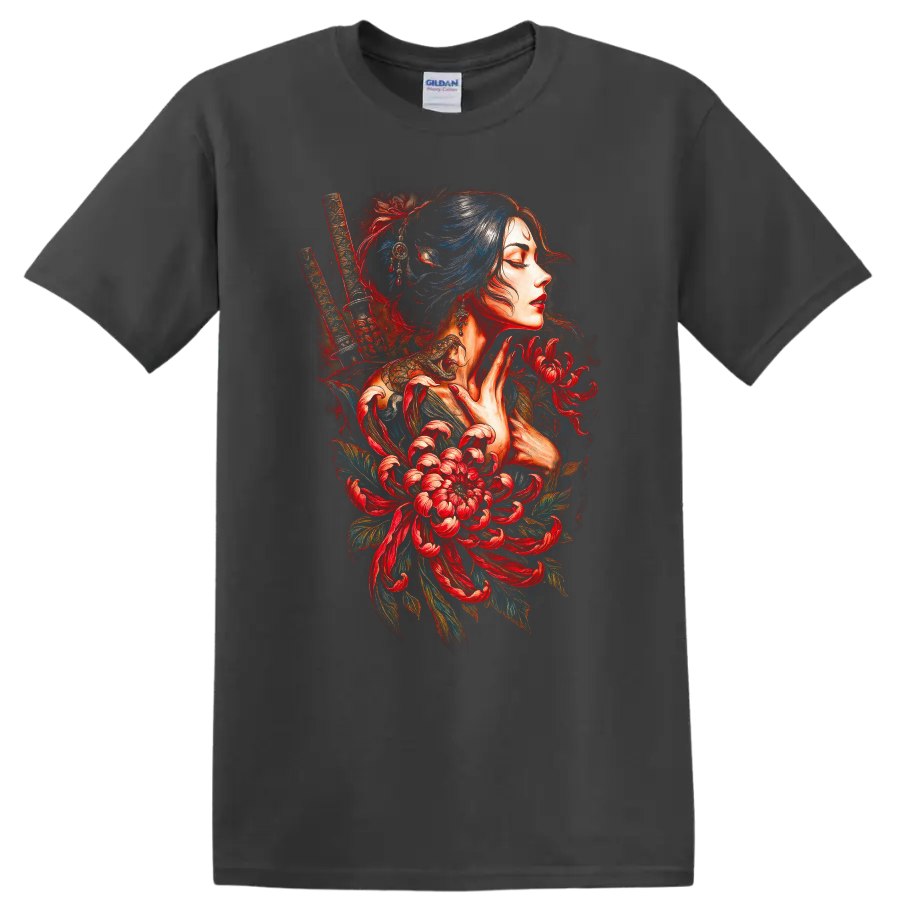 Japanese Geisha Samurai Floral Portrait T Shirt for Women - Charcoal