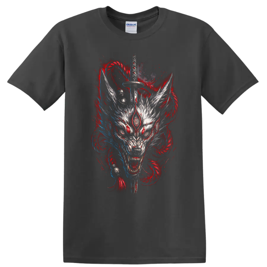 Japanese Style Wolf Sword Graphic T Shirt for Dark Anime Art Fans - Charcoal