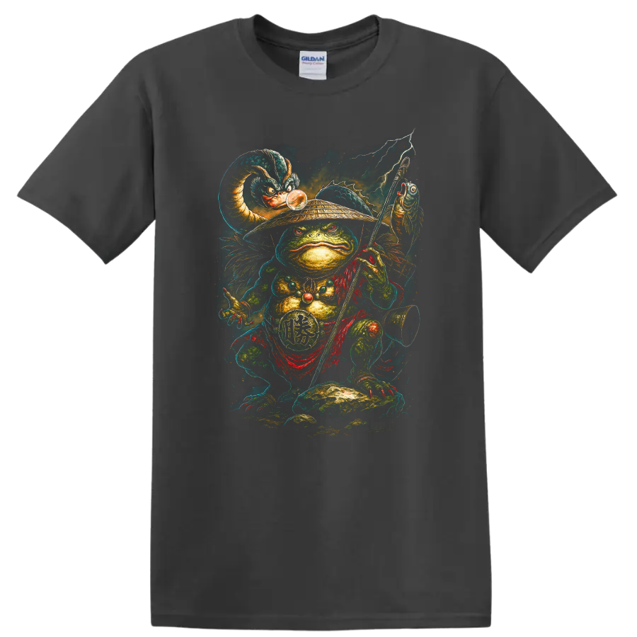 Japanese Style Frog Warrior T Shirt Samurai Staff Lightning Graphic - Charcoal