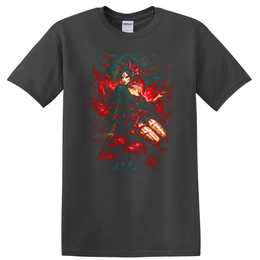 Japanese Geisha Warrior Fox Mask Art T Shirt Mythical Floral Design - Charcoal