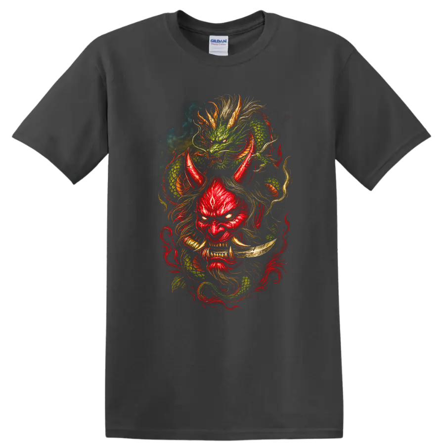 Japanese Style Dragon Mask T Shirt Red and Green Mythic Art - Charcoal