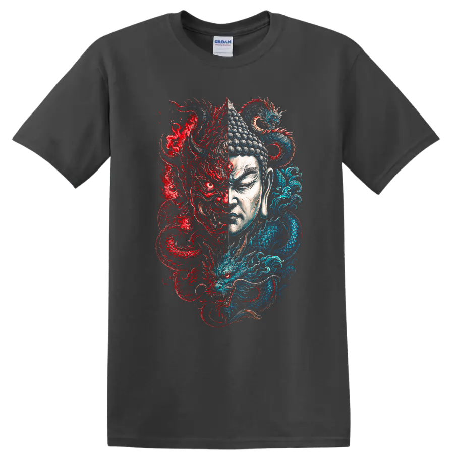 Japanese Style Dragon Buddha T Shirt Red Blue Yin Yang Art - Charcoal