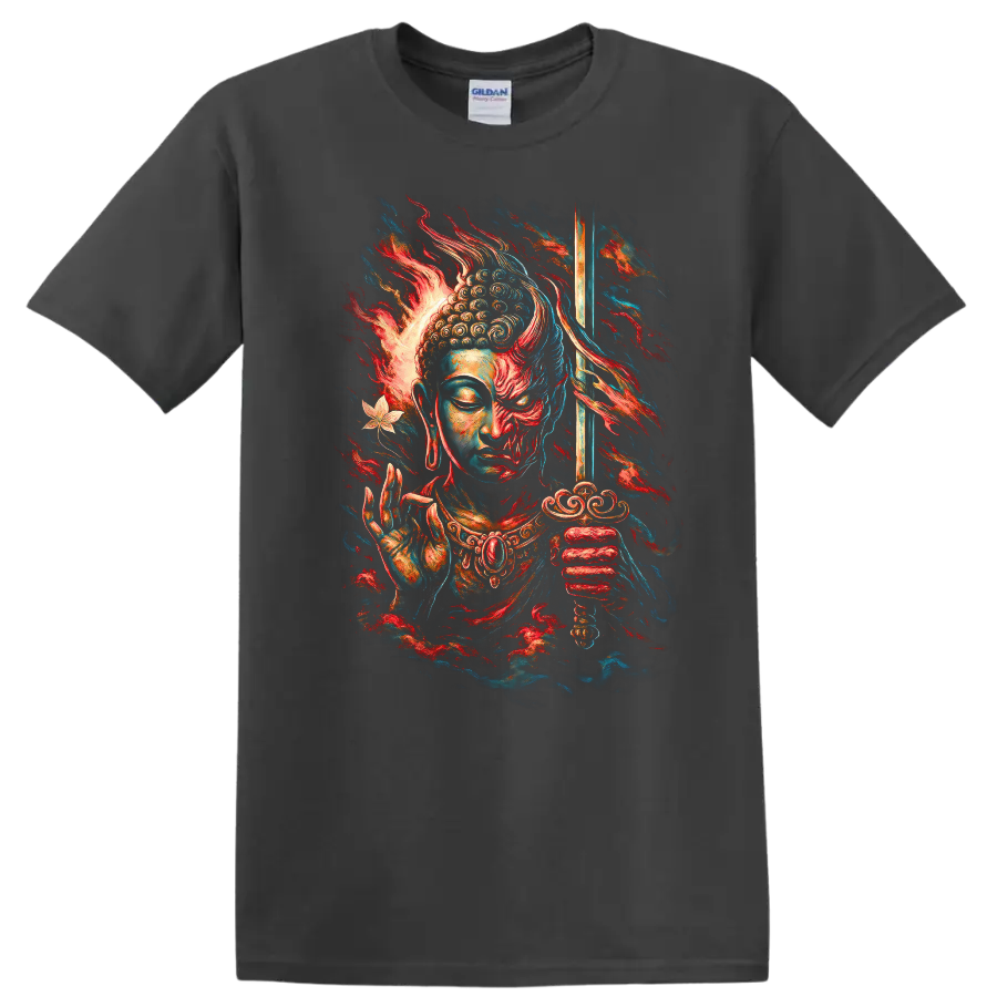 Japanese Style Buddha Samurai T Shirt Vibrant Zen Warrior Graphic - Charcoal