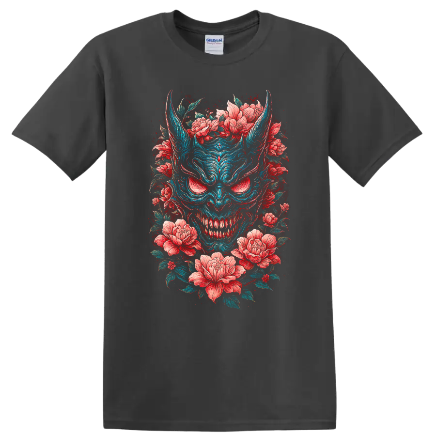 Japanese Oni Demon Mask with Floral Peonies T Shirt - Charcoal