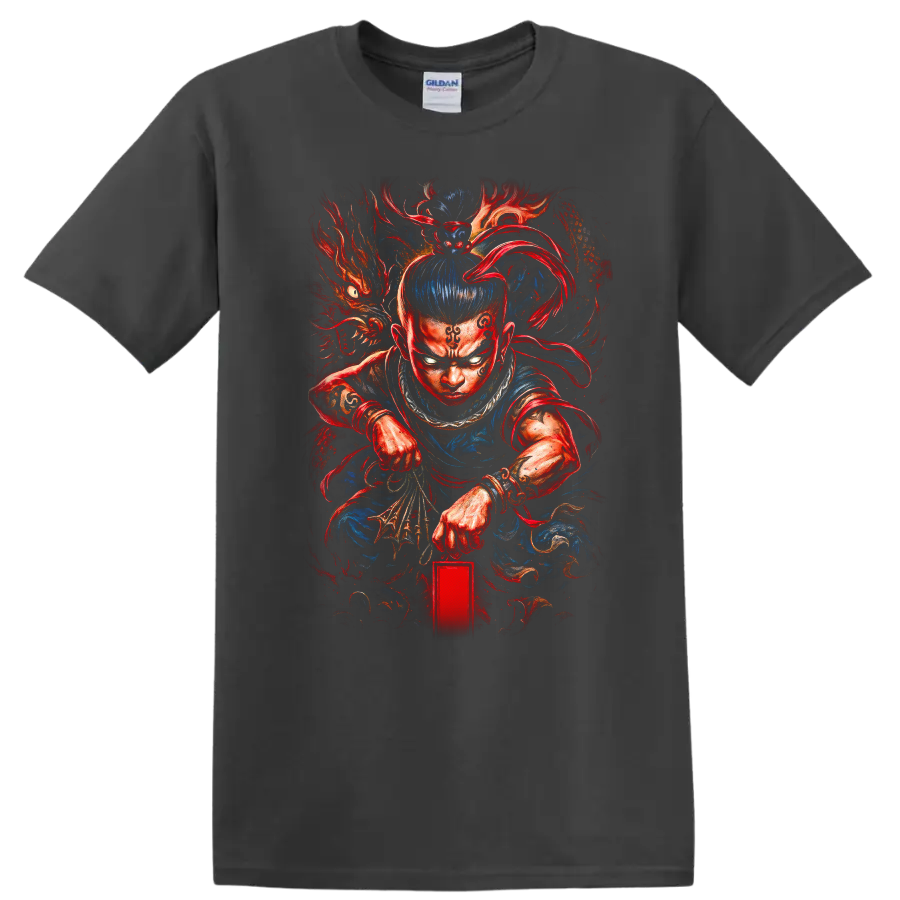 Japanese Warrior Dragon T Shirt Fierce Samurai Anime Style Art - Charcoal