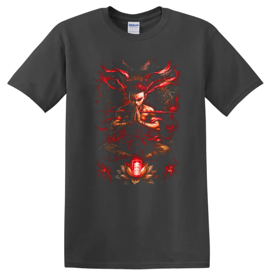 Japanese Meditation Warrior Red Flames T Shirt Zen Martial Art Design - Charcoal