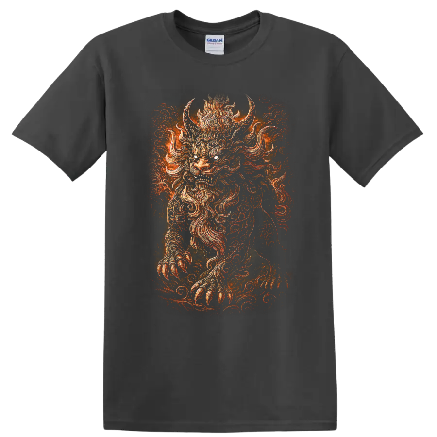 Japanese Style Oni Demon Mask Fire T Shirt for Bold Streetwear Fans - Charcoal