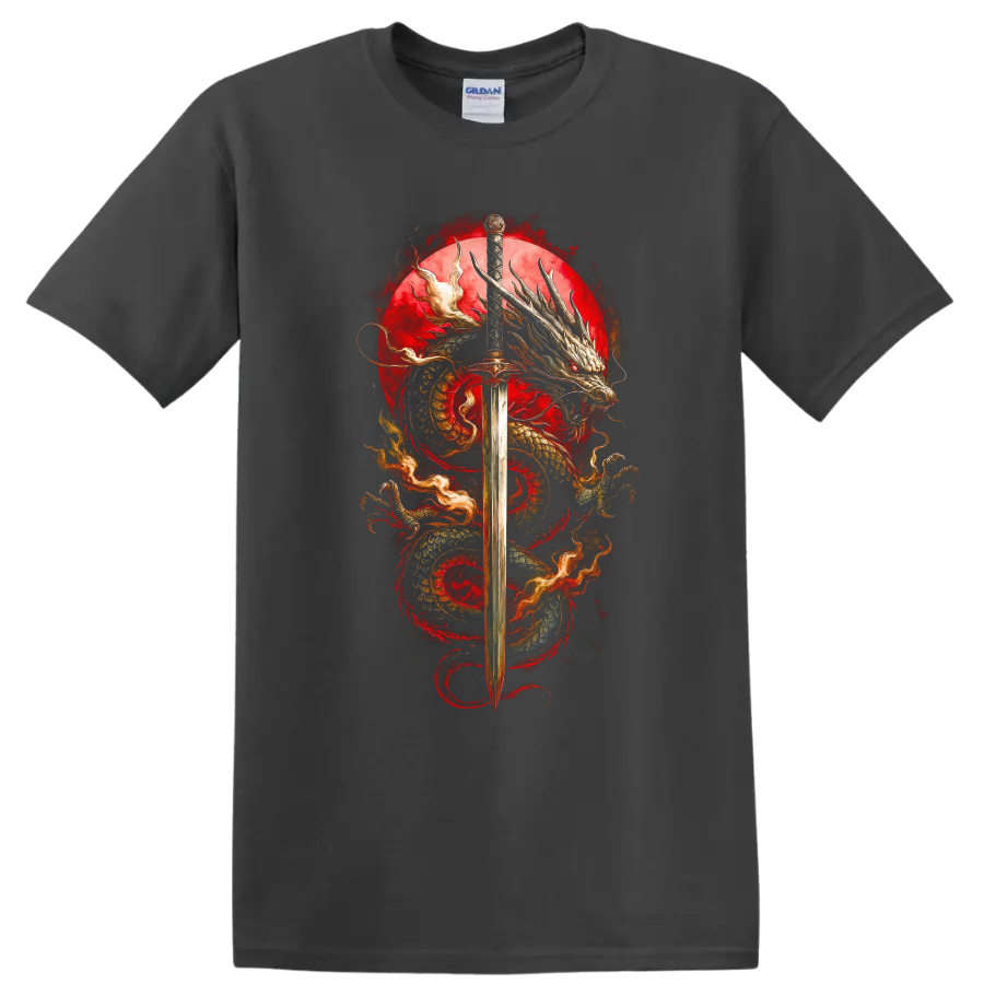 Japanese Dragon Sword Art T Shirt Bold Red Samurai Myth Design - Charcoal