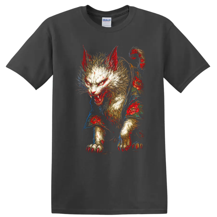 Japanese Style Fierce Cat Floral Art Graphic T Shirt - Charcoal